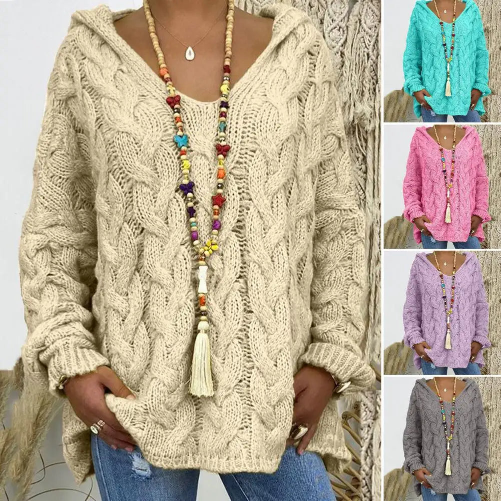 Hooded V-Neck Long Sleeves Twist Knitted Hoodie