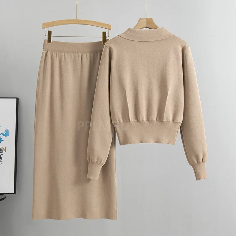 Chic Polo Collar Short Sweater Cardigan 2 Piece Sets