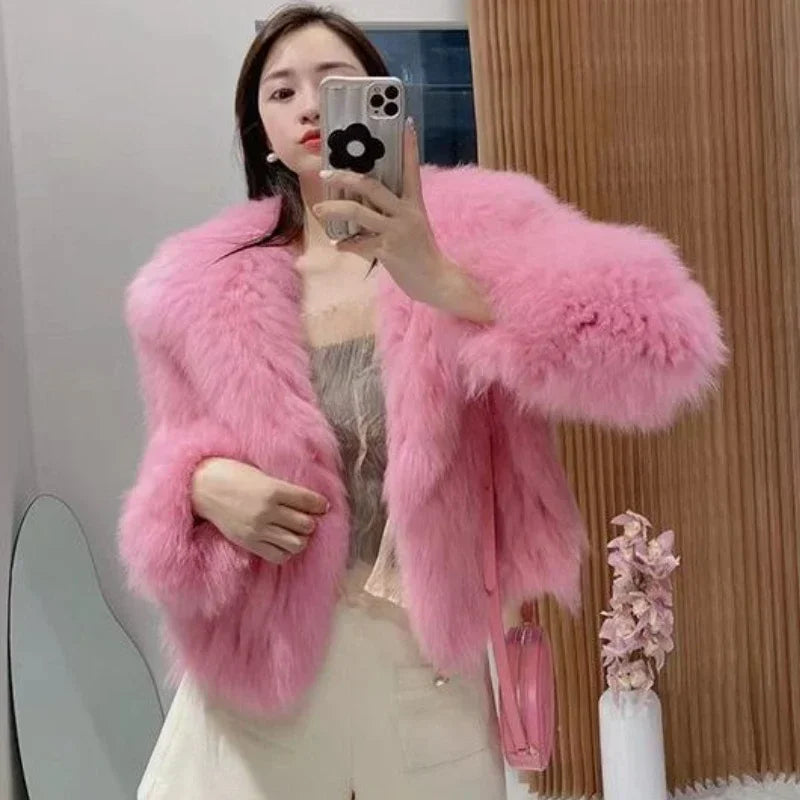 Luxury Winter Lapel Mink Collar Faux Fox Fur Bomber Jacket