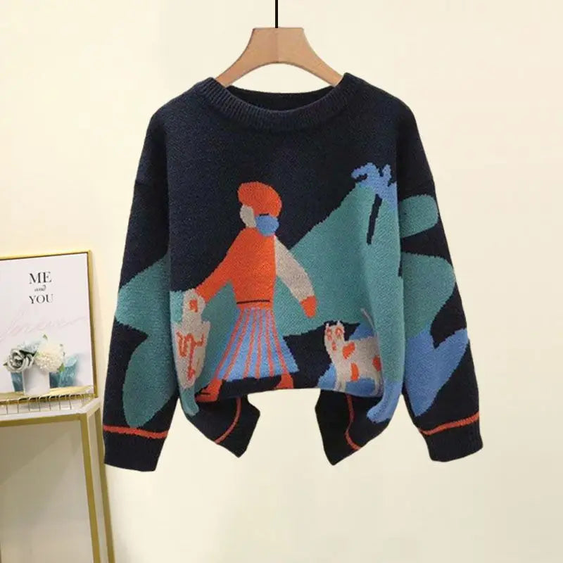 Printed  Knitted Sweater Loose and Slimming Casual Pants Two Piece Set