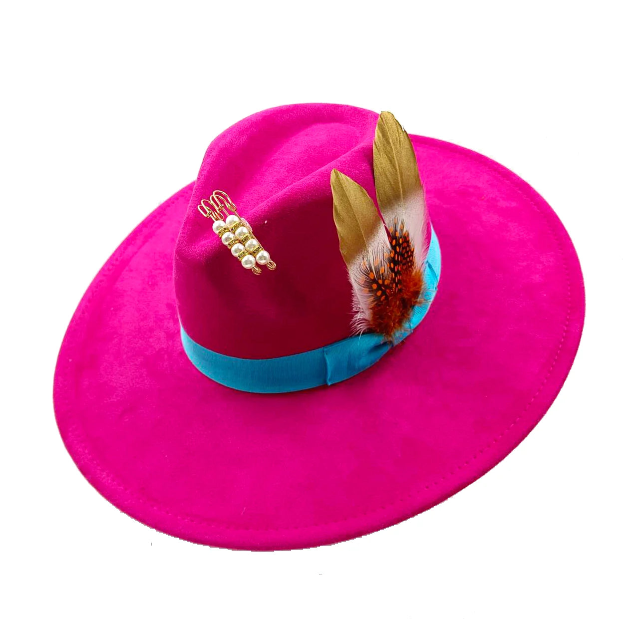 Wide Brim Feather Suede Fedora Hat Heart Top 9.5cm