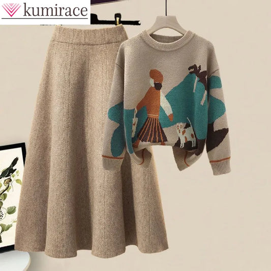 Printed Knitted Sweater Pullover Slim Fit Knitted Skirt Two Piece