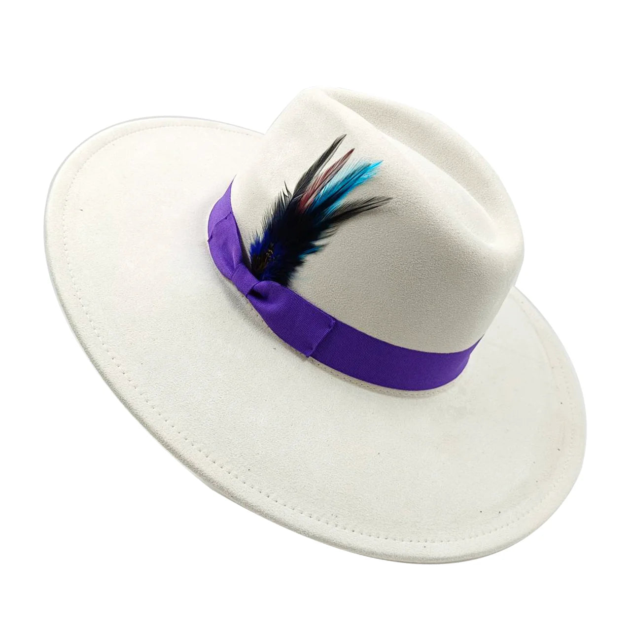 Wide Brim Feather Suede Fedora Hat Heart Top 9.5cm