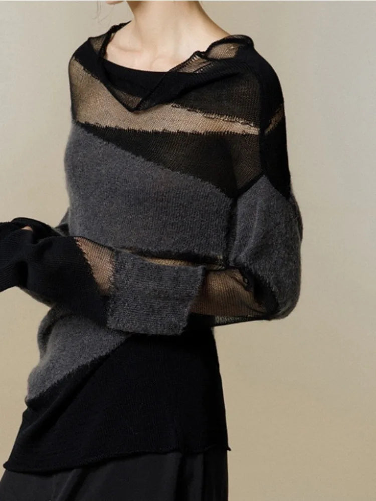 Autumn Loose Hollow Out Patchwork Turtleneck Sweaters