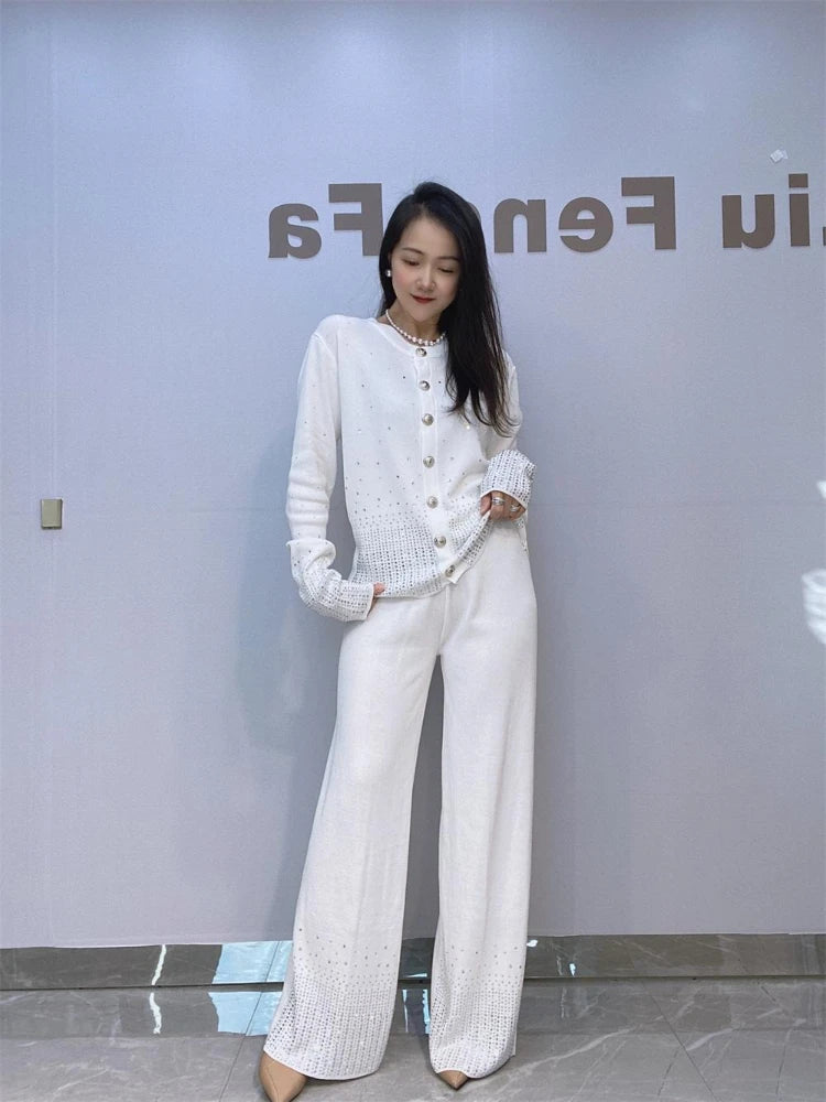 Diamond Studded Knitted Cardigan Sweater Wide Leg PantsTwo Piece Sets