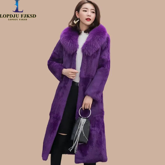 Real genuine natural rabbit fur coat with fox fur collar