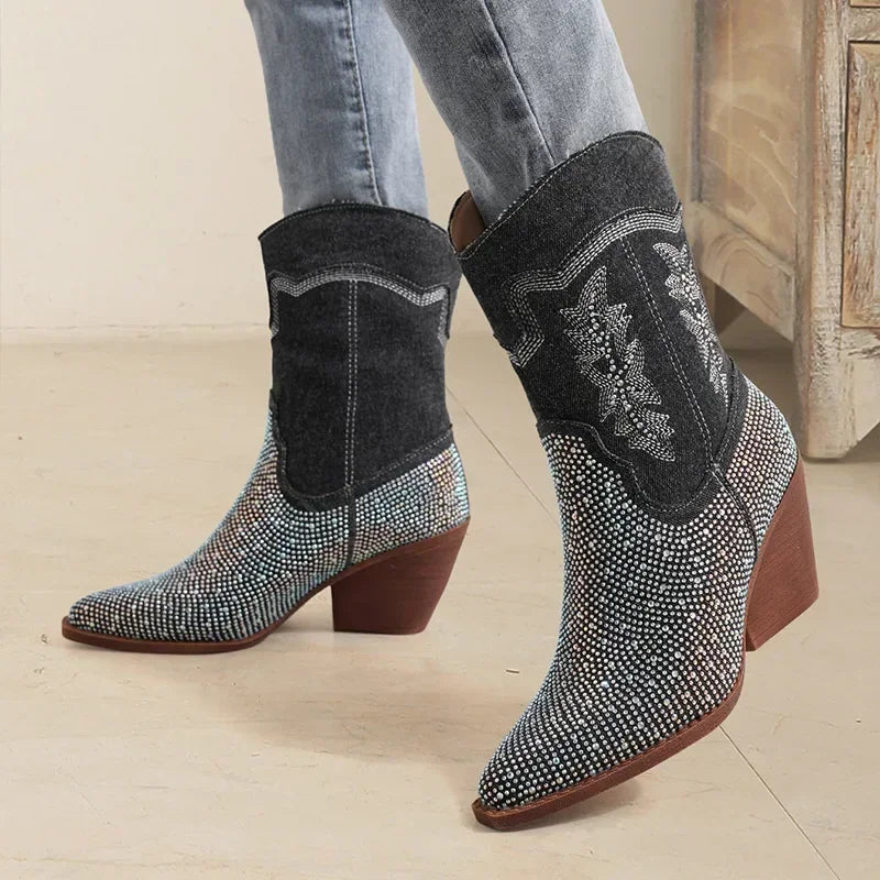 Rhinestone Denim Cowboy Boots