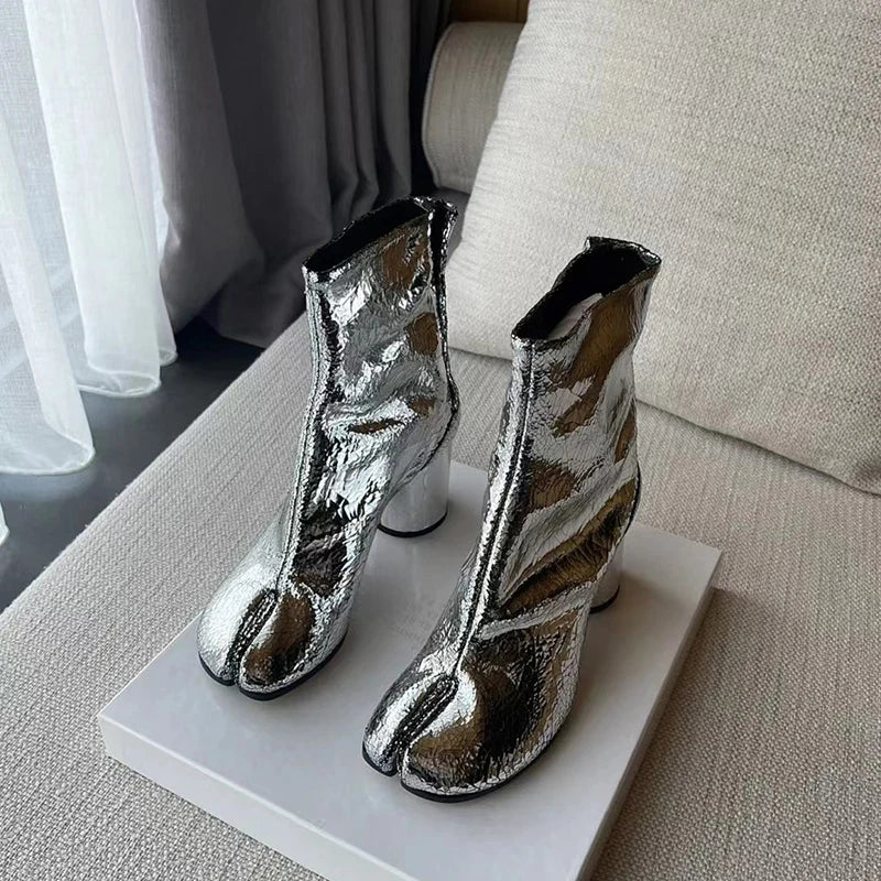 Genuine Leaher Broken Mirror Silver Chunky Heels Booties