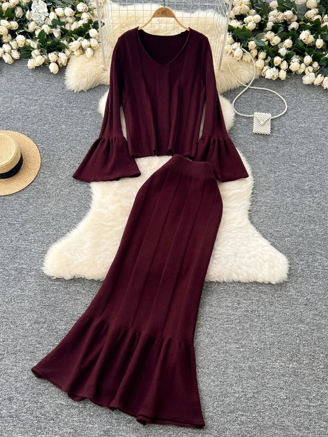 2 Piece Elegant Long Flare Sleeve Pullover Sweater And Trumpet Skirt Sets