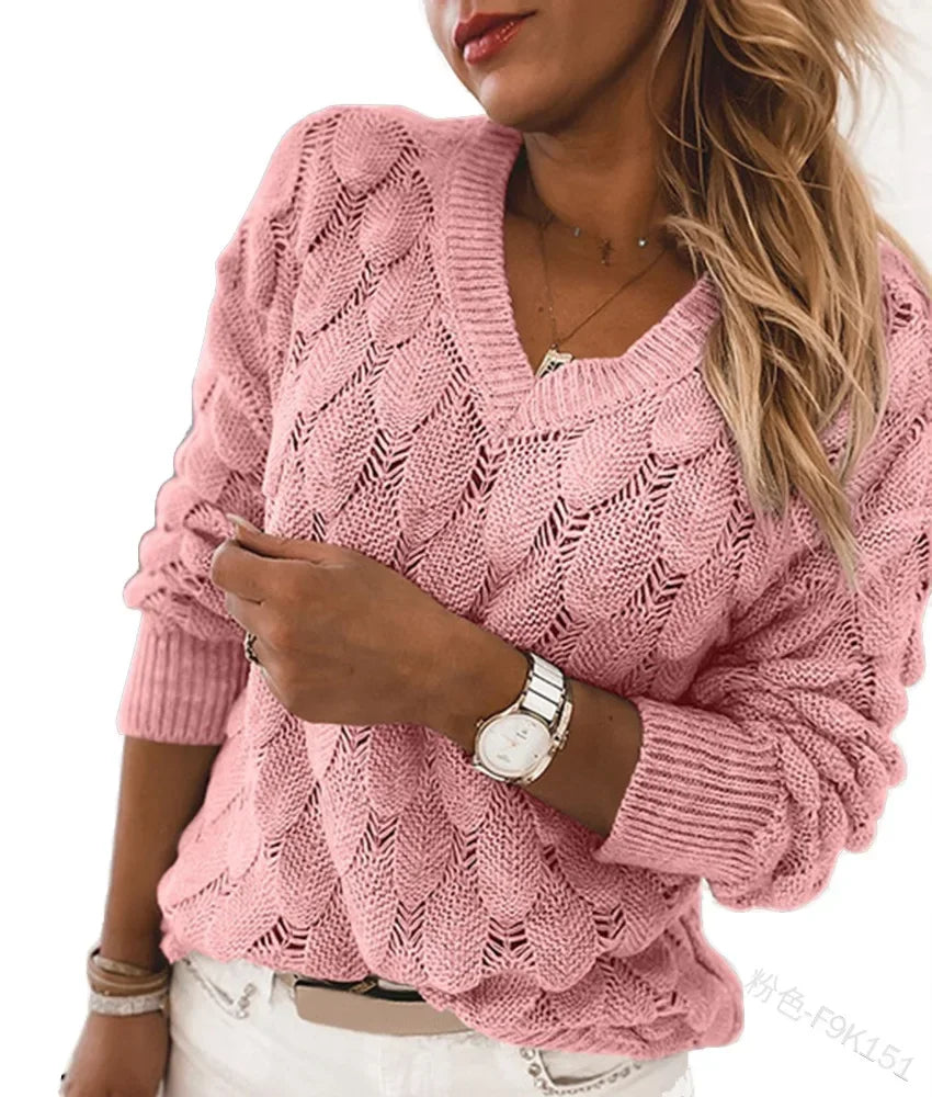 Women Pullover V-neck Hollow Ou Casual Sweater Top