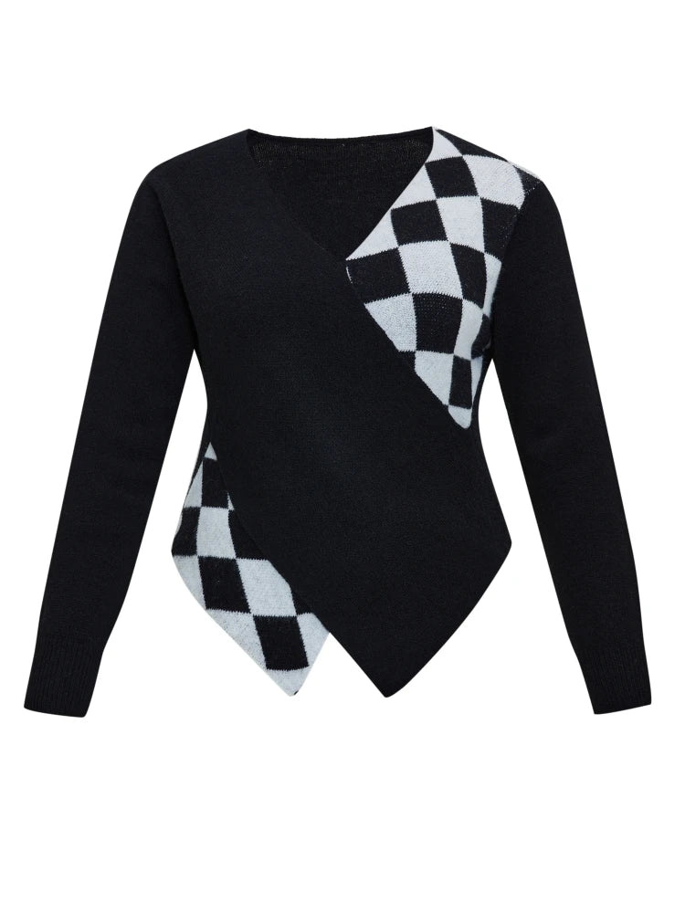 White & Black Plaid V Neck Cross Wrap Tops Sweater