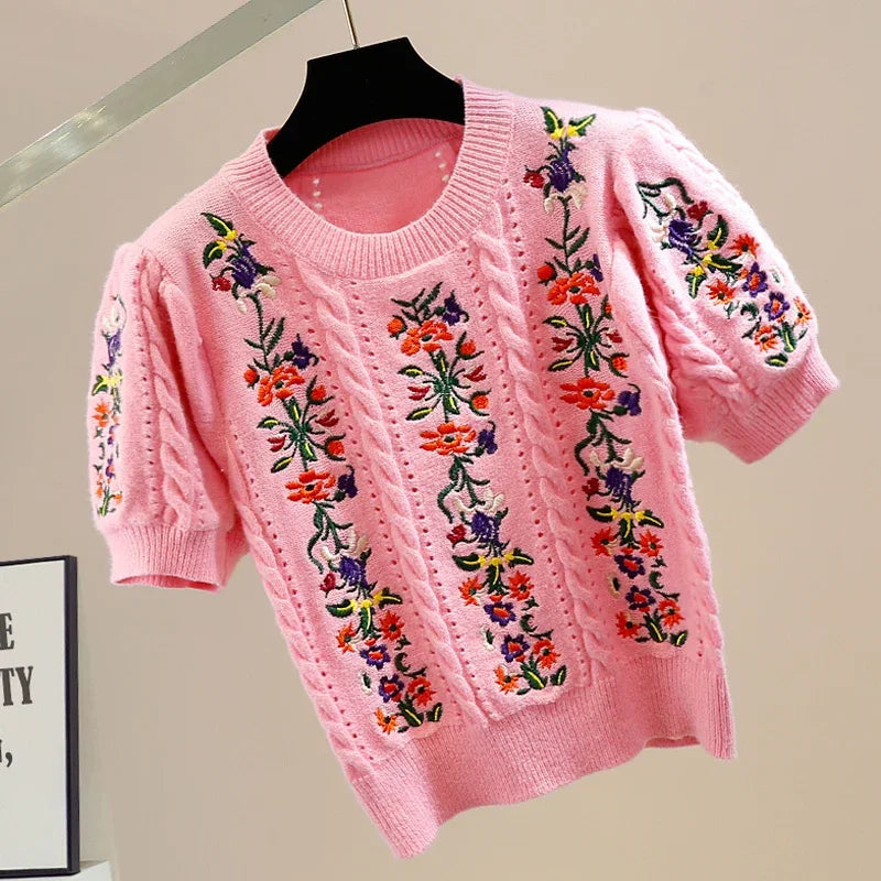 Vintage Elegant Embroidered  Puff Sleeve Knitted Sweater