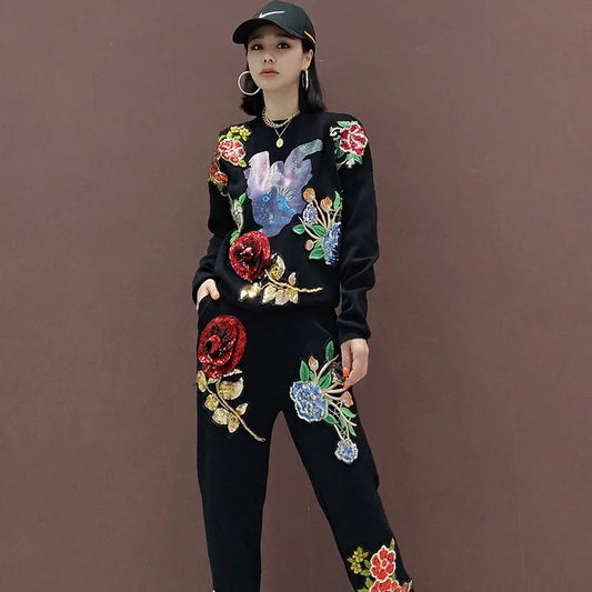 Flower Sequin Bird Pattern Printing Knit Sweater Set