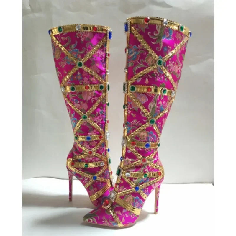 European Colorful RhinestoneEmbroidery Pointed Boots