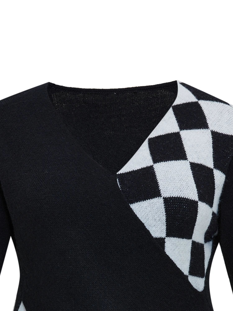 White & Black Plaid V Neck Cross Wrap Tops Sweater