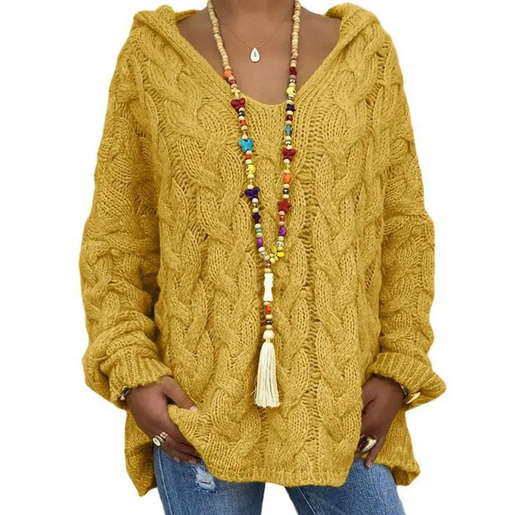 Hooded V-Neck Long Sleeves Twist Knitted Hoodie