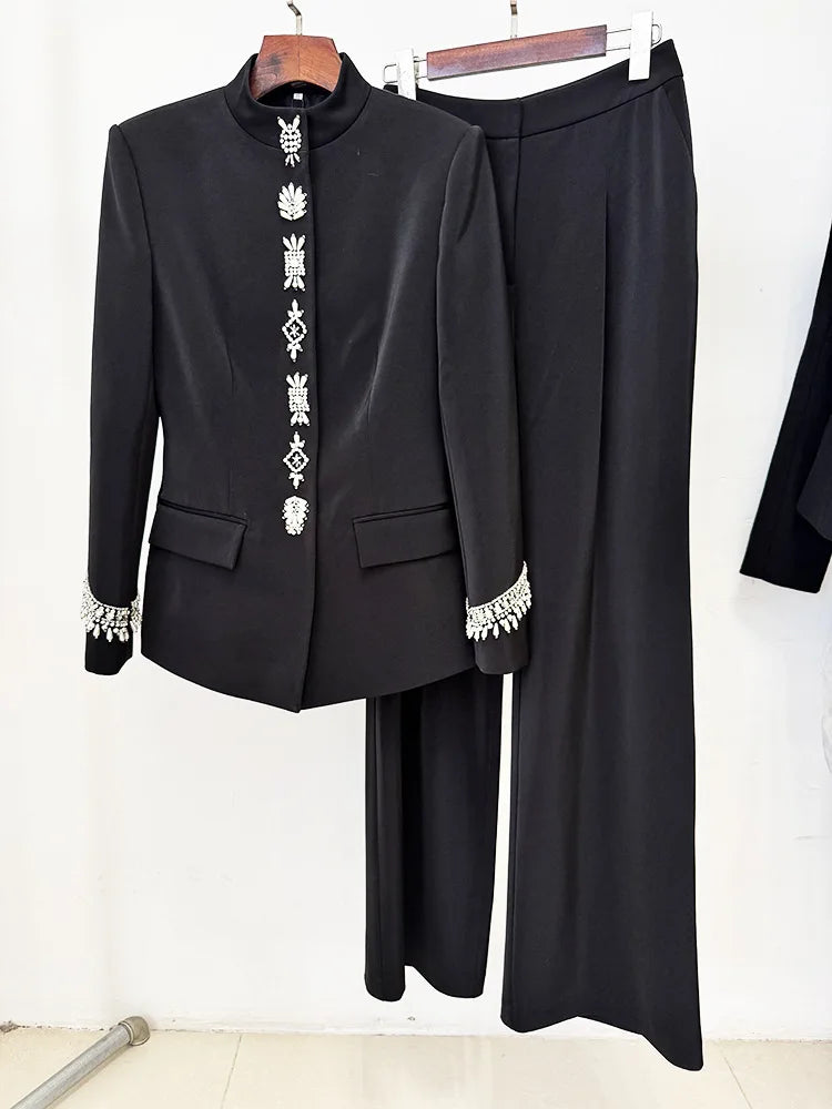 2025 Designer Suit Women Beaded Diamonds Stand Collar Jacket Pants Suit 2pcs Set ﻿