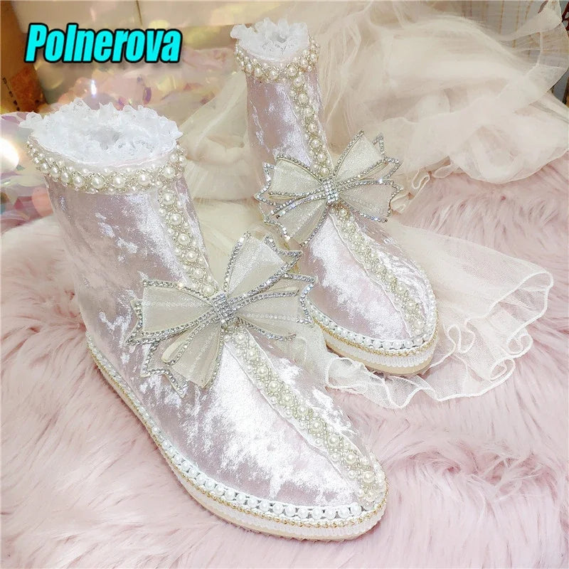 Velvet Lace Bow Snow Boots