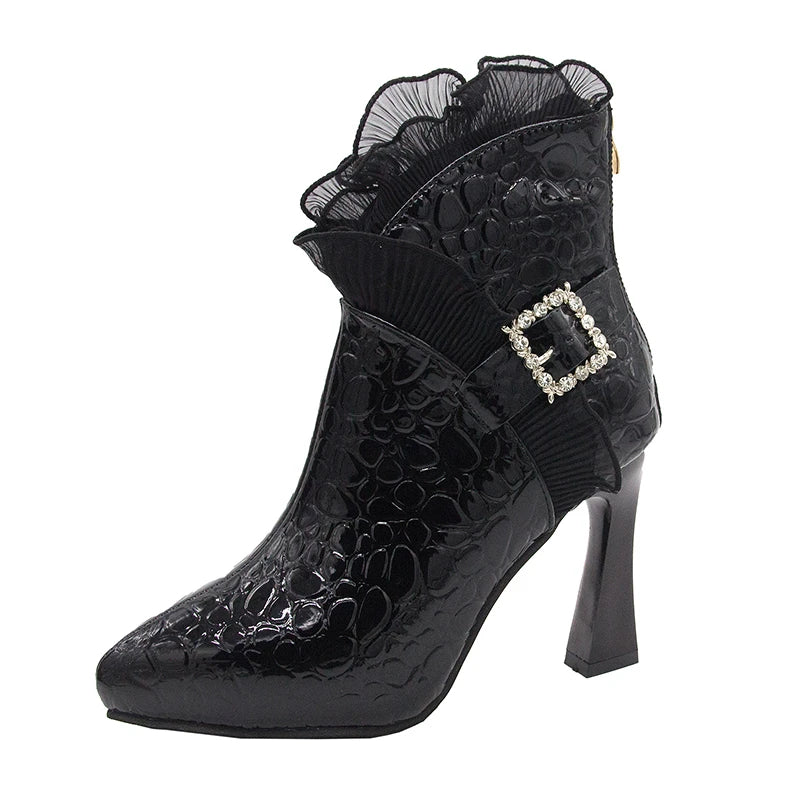 Lace Fu Fu Rhinestone Decorative Ankle Boots