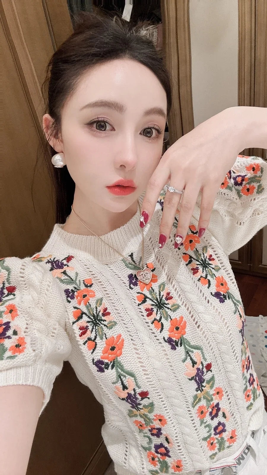 Vintage Elegant Embroidered  Puff Sleeve Knitted Sweater