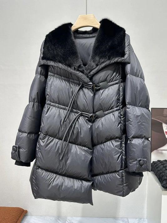 Warm Winter Goose Down Coat with Natural Real Mink Fur Collar