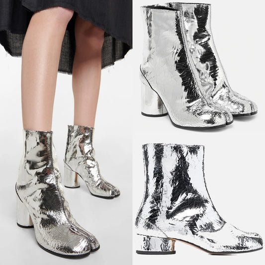 Genuine Leaher Broken Mirror Silver Chunky Heels Booties