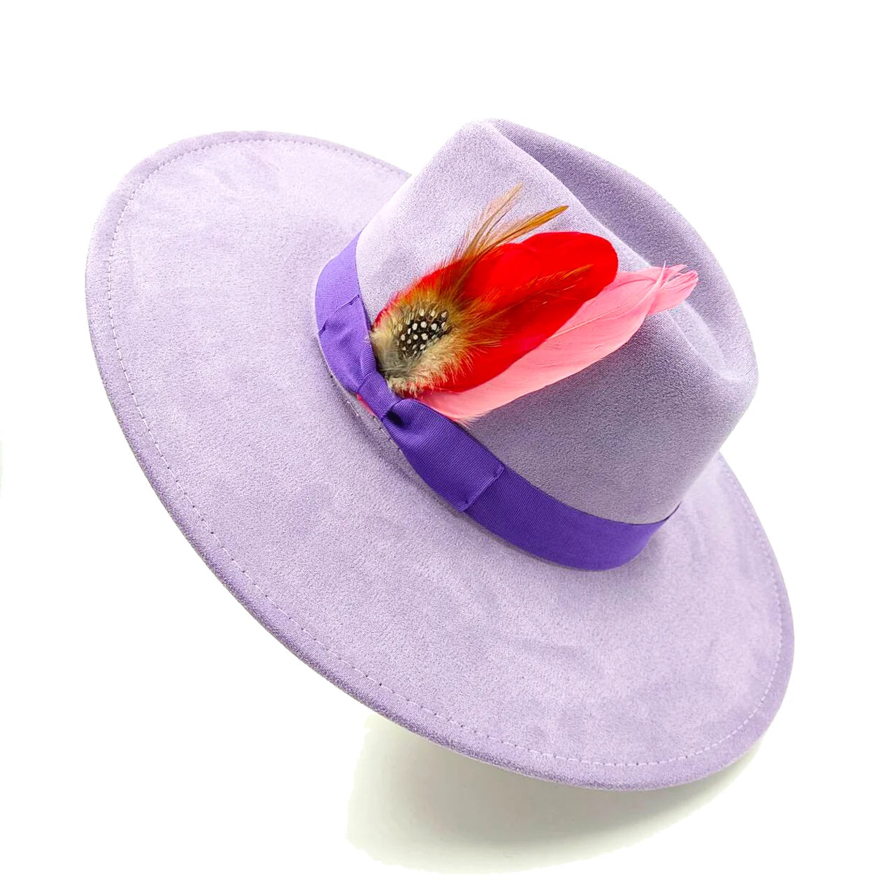 Wide Brim Feather Suede Fedora Hat Heart Top 9.5cm