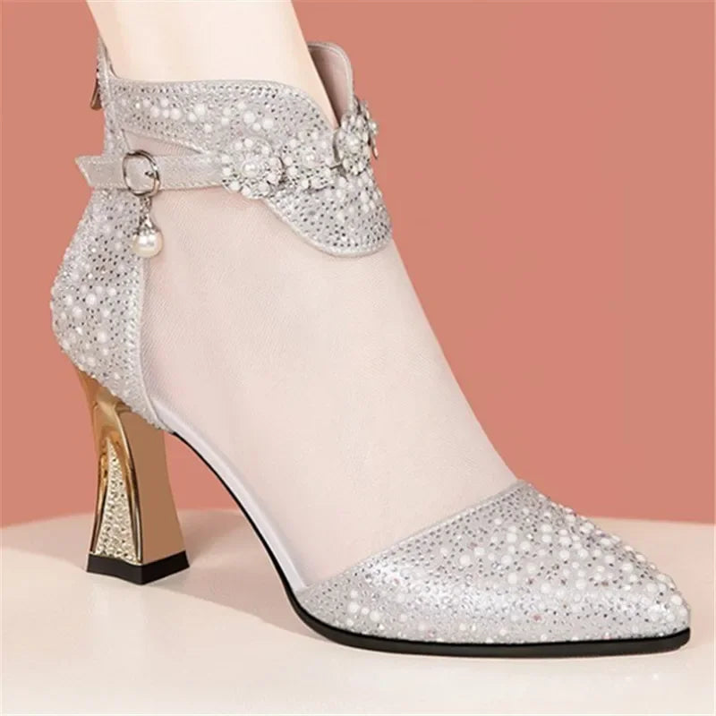 Fashion Pointed Mesh Breathable Rhinestone High Heel