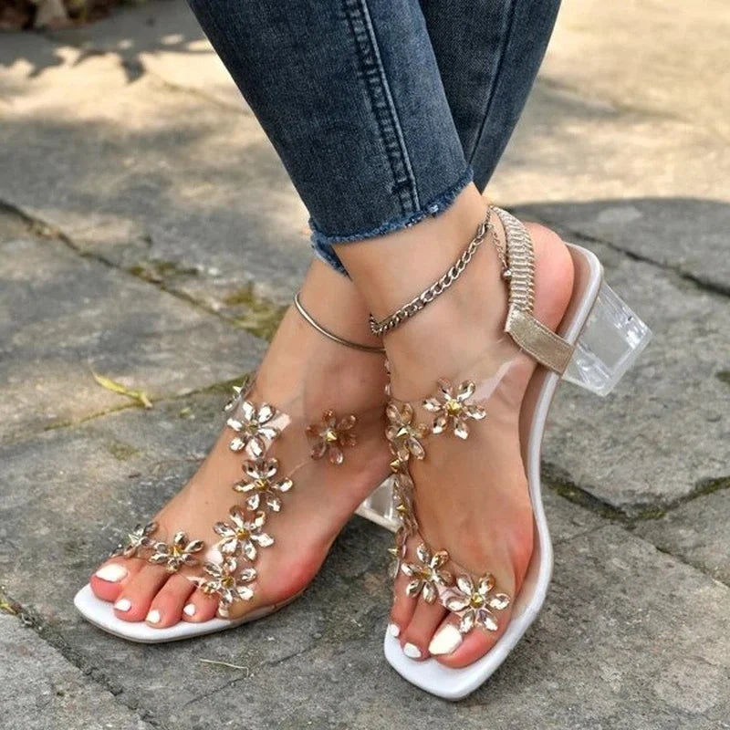 Bling  Bling Flowers Rhinestone  Transparent Root Open Toe Sandals