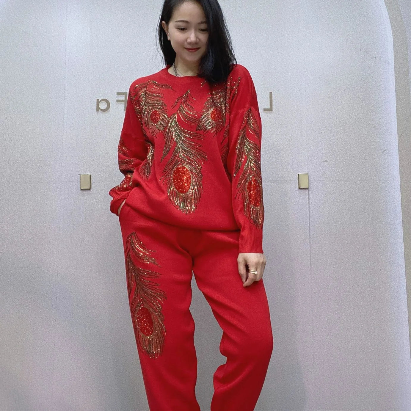 Peacock Feather Beaded Knitted Pullovers Sequined Sweater  Set