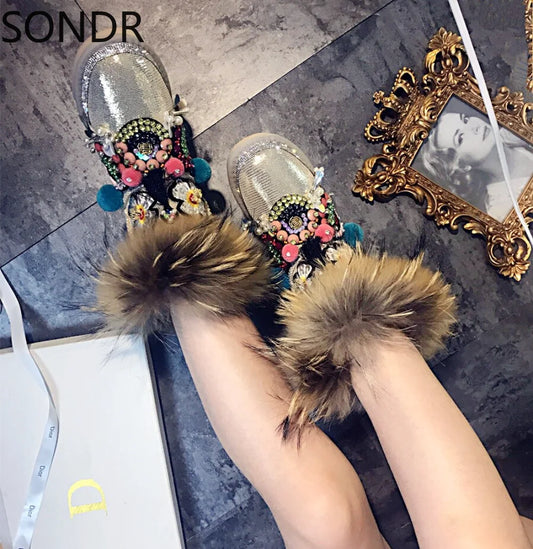 Round Toe Beads Sequins Flowers Rhinestones Mid Calf Real Mink Fur Snow Boot