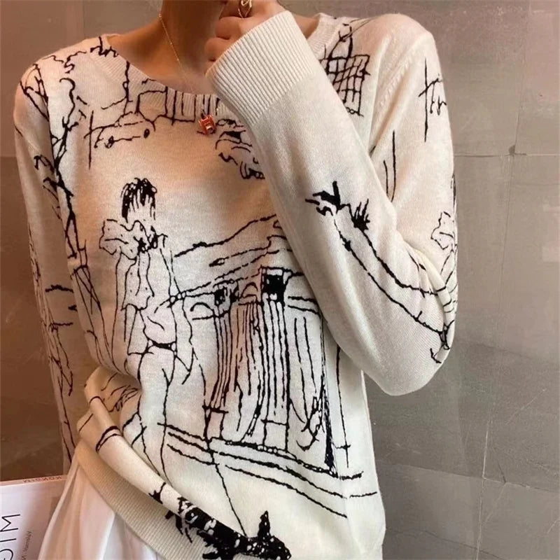 Graffiti Digital Jacquard Pullover Ladies Sweater