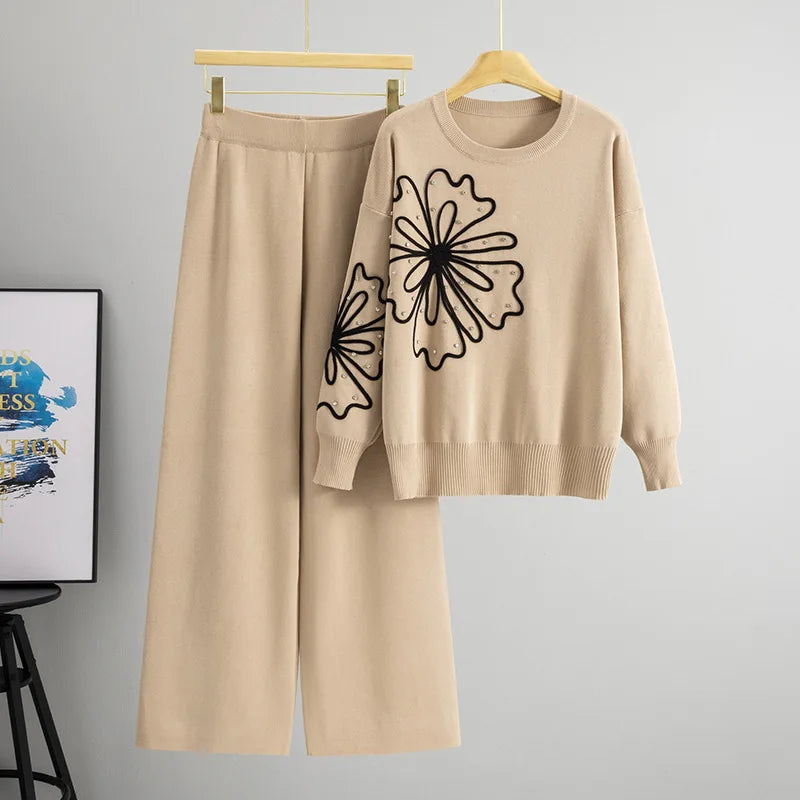Knitted Rhinestone Flower Sweater Wide Leg Pants Two-piece Set