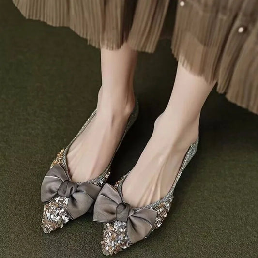 Bling Bowknot Pointed Toe Slip on  Shoe