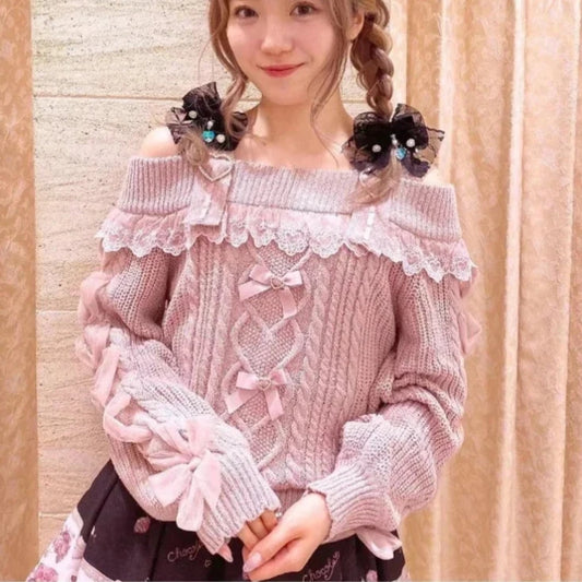 Sweet  Cute Off Shoulder Lace Ruffles Bow Sweater