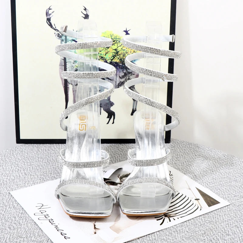 Rhinestone Spiral Strap High-Heeled Sandals