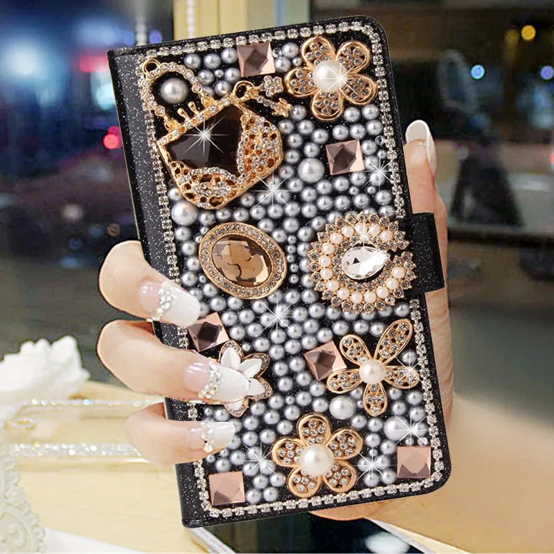 Bling Diamond Rhinestone Flower Case for iPhone 11 12 13 14 15 16 Pro Max XR XS 7 Case Leather Magnetic Flip Wallet Book Cover