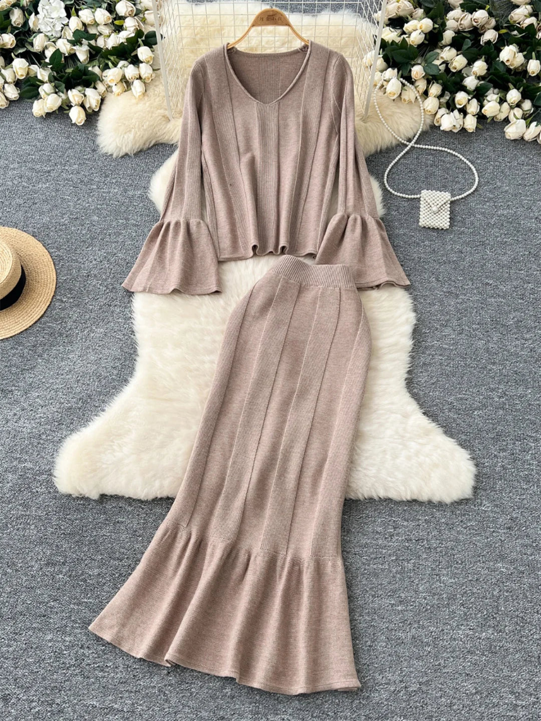 2 Piece Elegant Long Flare Sleeve Pullover Sweater And Trumpet Skirt Sets