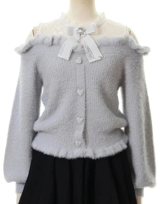 Sweet Lolita Off Shoulder Long Sleeve Knitwear Bow Lace Waist Slim Sweater