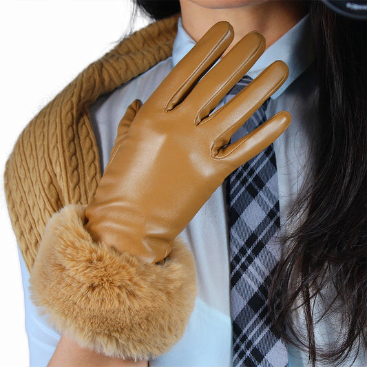 Women's Short Faux Leather Rabbit Fur Trim Gloves