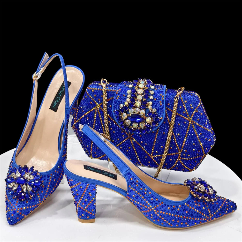 Italian Design Slingback Shoes And Bag Set Decorated with Rhinestone