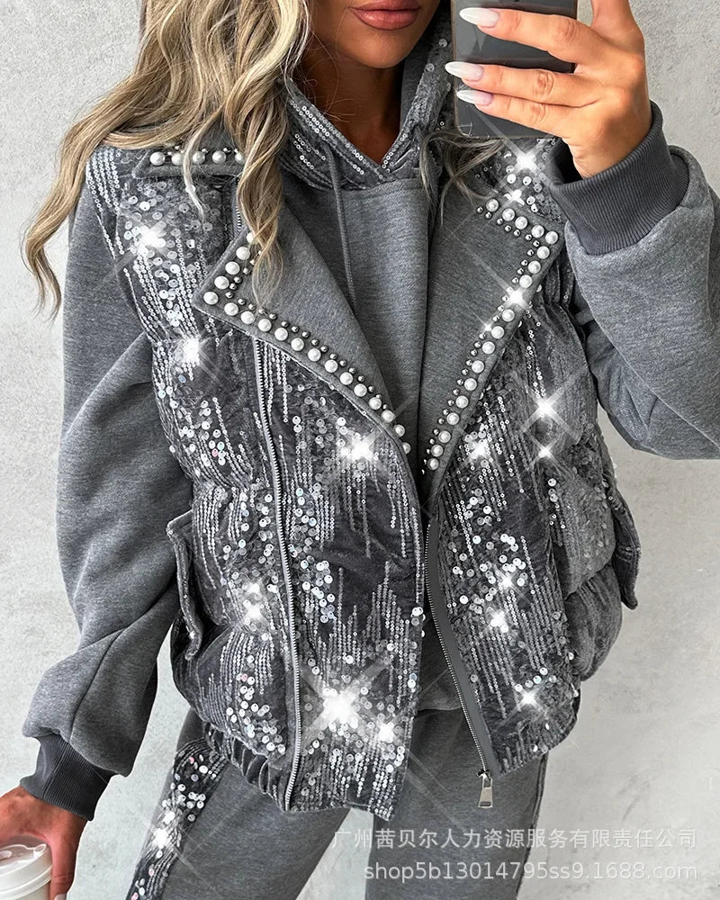 Beaded Casual Two-piece Sweater and Sports Trousers Set with Hood and Matching Coat