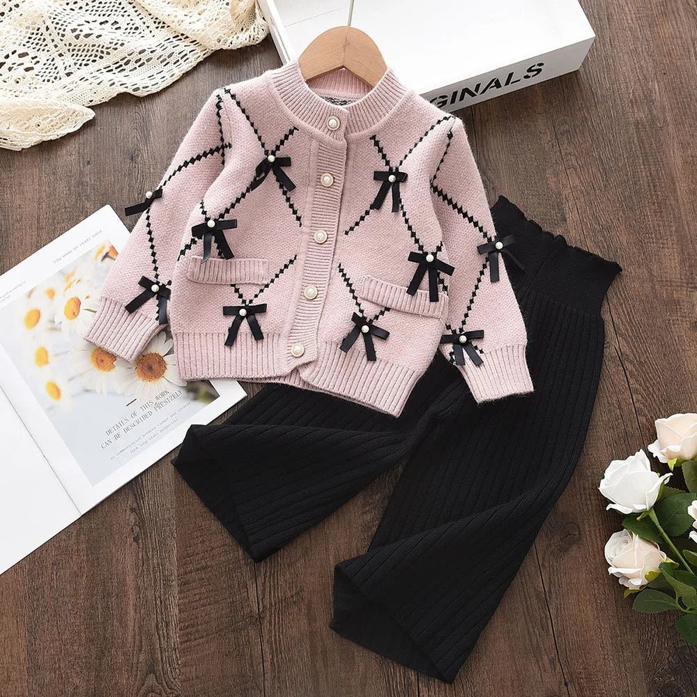 Girls Cardigan Knit Bow 2pcs Set