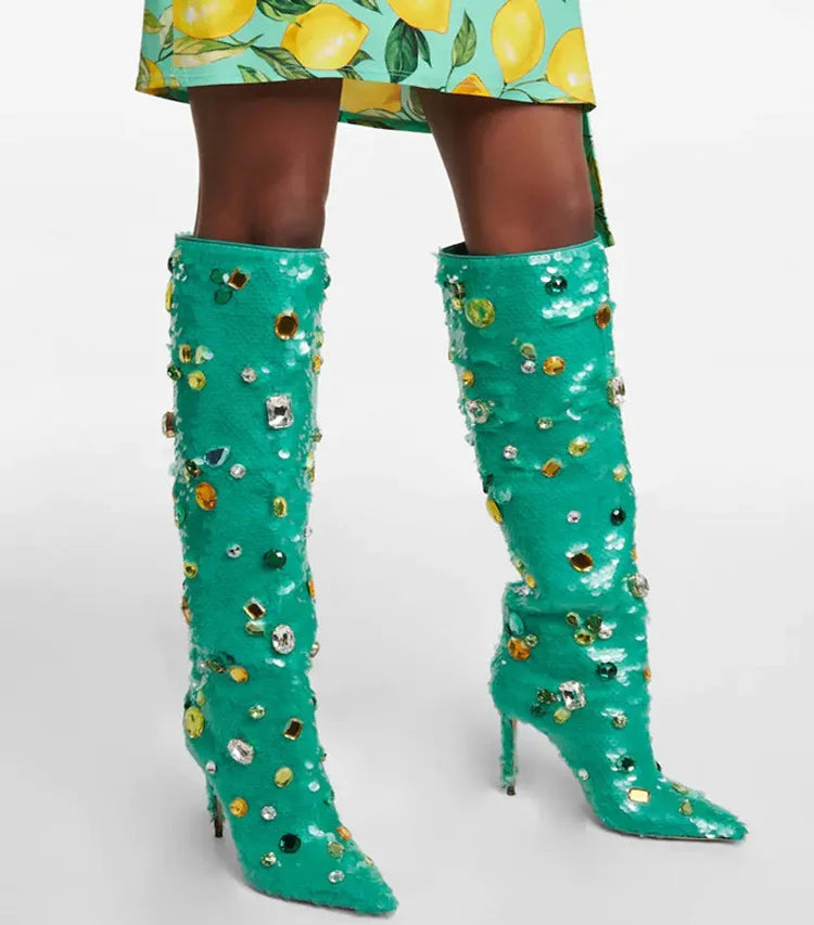 New Handmade Rhinestone Blue  Knee-High Boot