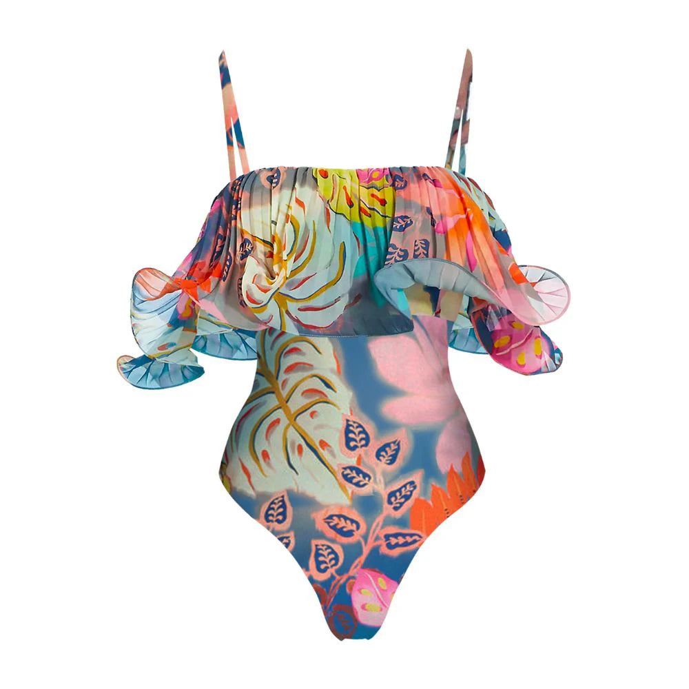 Luxury Flowers Printed One Piece Swimsuit and Skirt  Beachwear