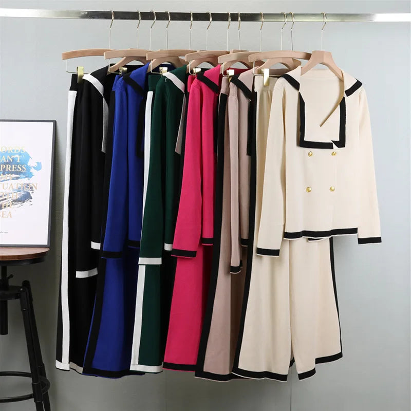 Turn Down Collar Double Breasted  Sweater Set