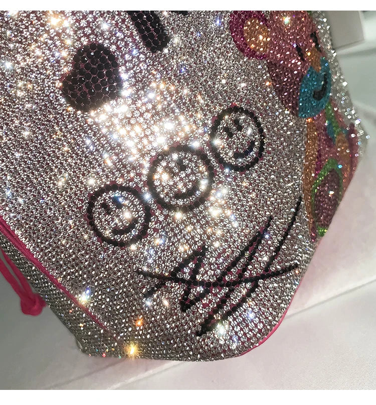 Graffiti Printing Rhinestone Cartoon Bear Bucket Bag