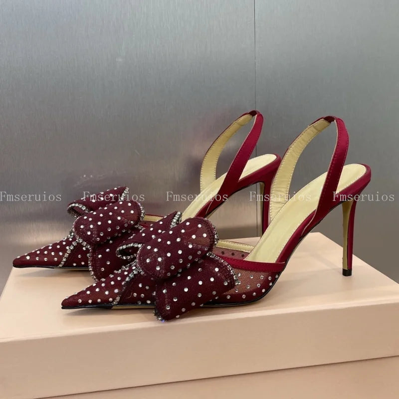 Pointed Toe Stiletto Heel Mesh Rhinestone Bow Elegant Slingbacks