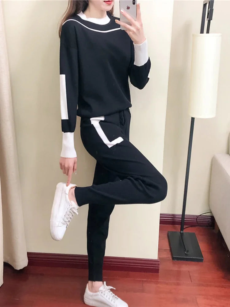 Winter Casual Thicken Pullover Sweater Knitted Pant 2PCS Suits