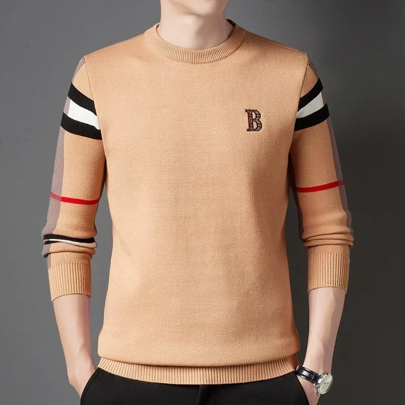 Autumn and Winter Men's Sweater Knitted Pullover with Soft Warm Striped Checker